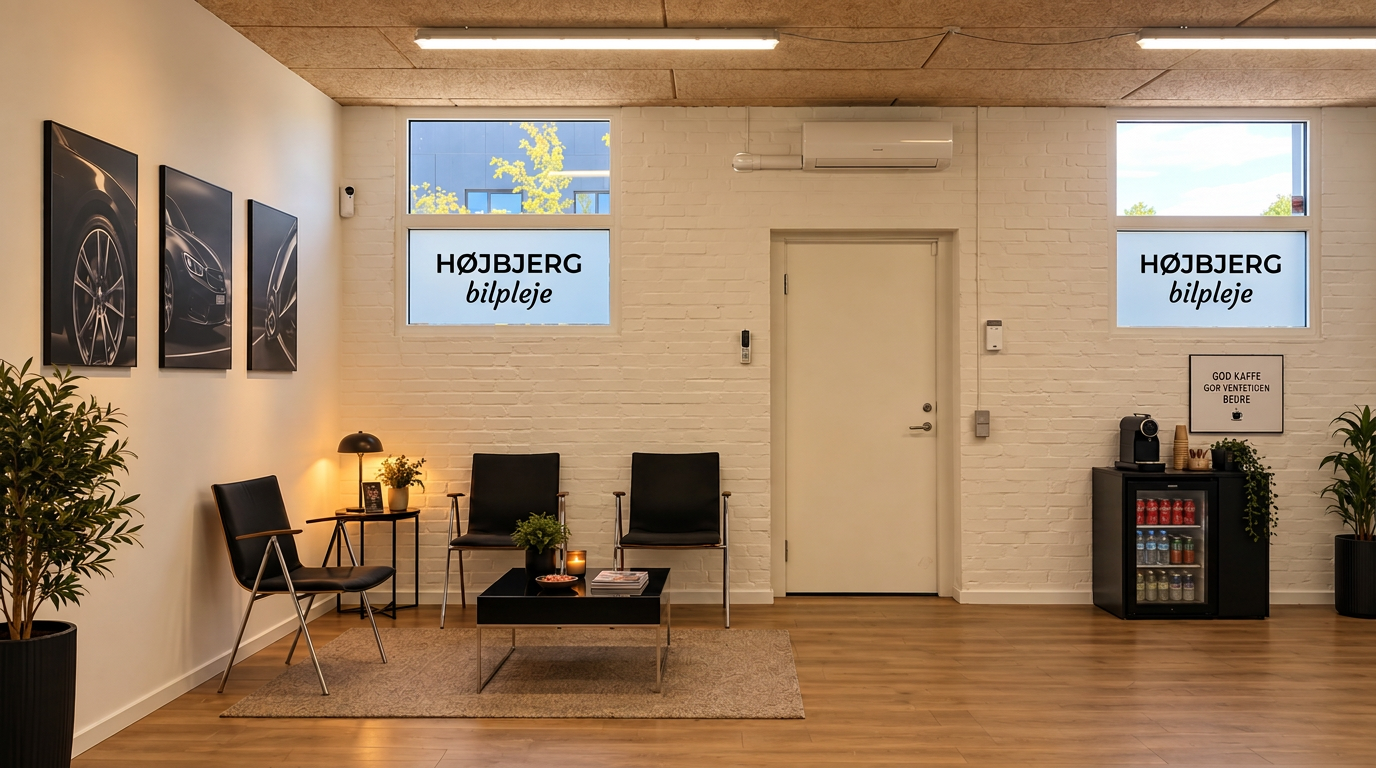 Venteværelse med gratis kaffe og te hos Højbjerg Bilpleje i Højbjerg